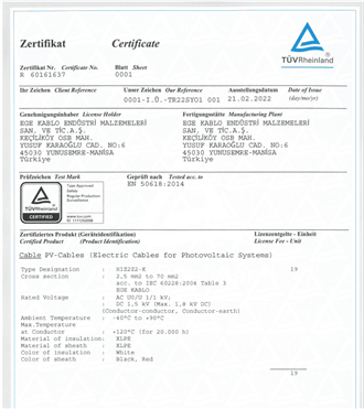 TUV RHEINLAND  EN 50618 SOLAR KABLO ÜRÜN BELGESİ